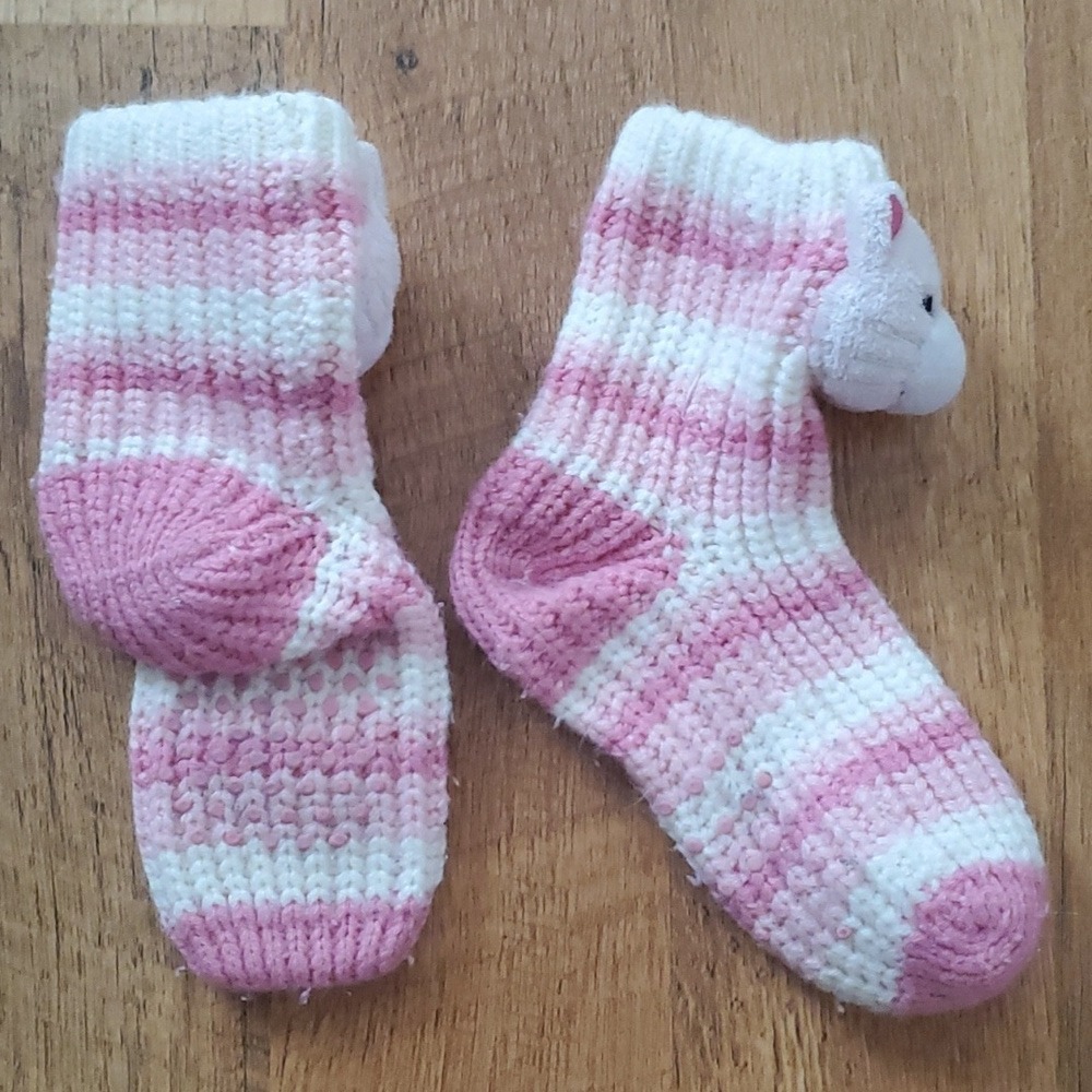 Girls Knitted Pink Striped Cat Nonslip Sock Slippers - Picture 5 of 7